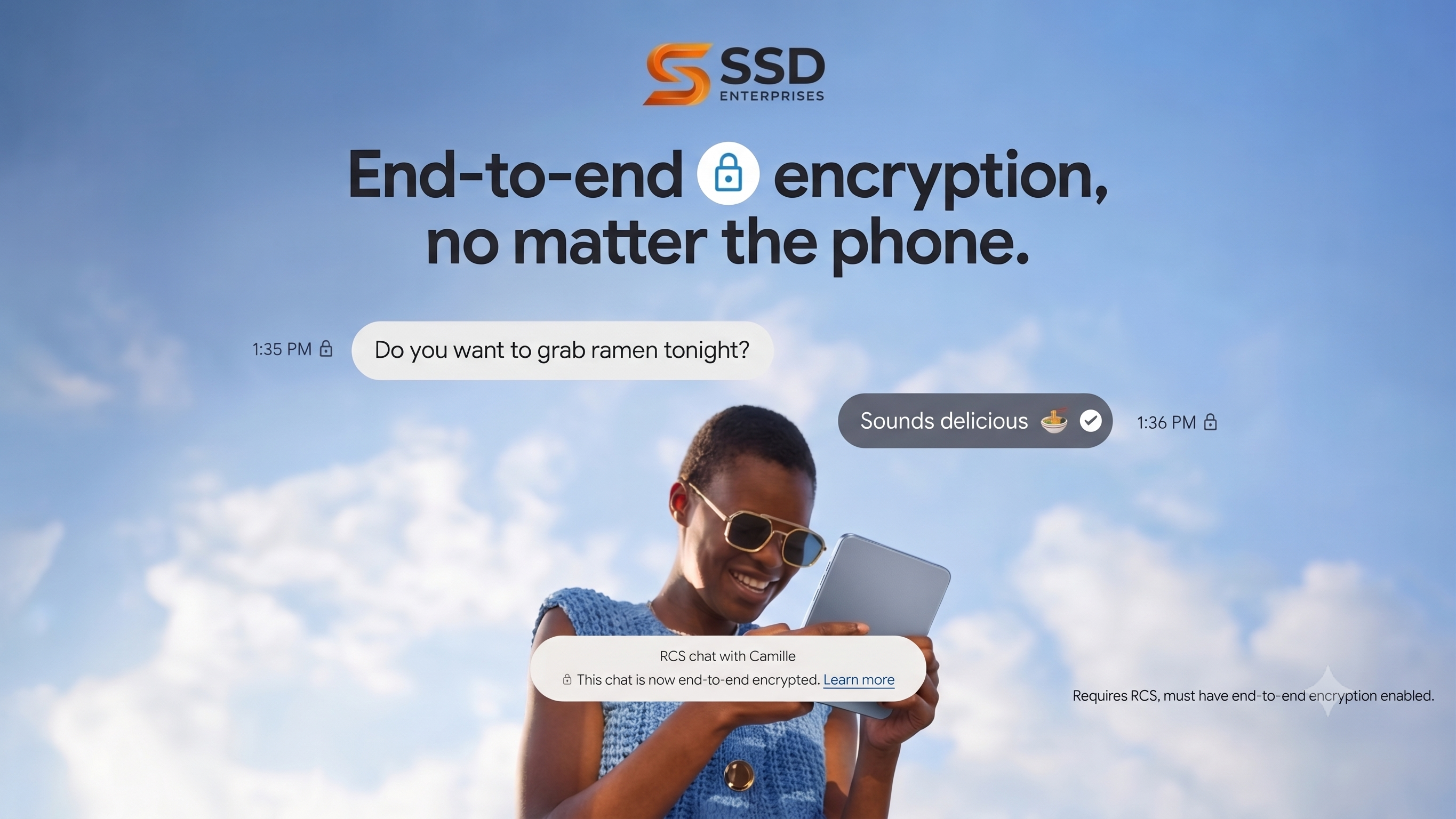 SSD Enterprises: end-to-end encryption, no matter the phone — a woman reading an encrypted RCS chat on her phone