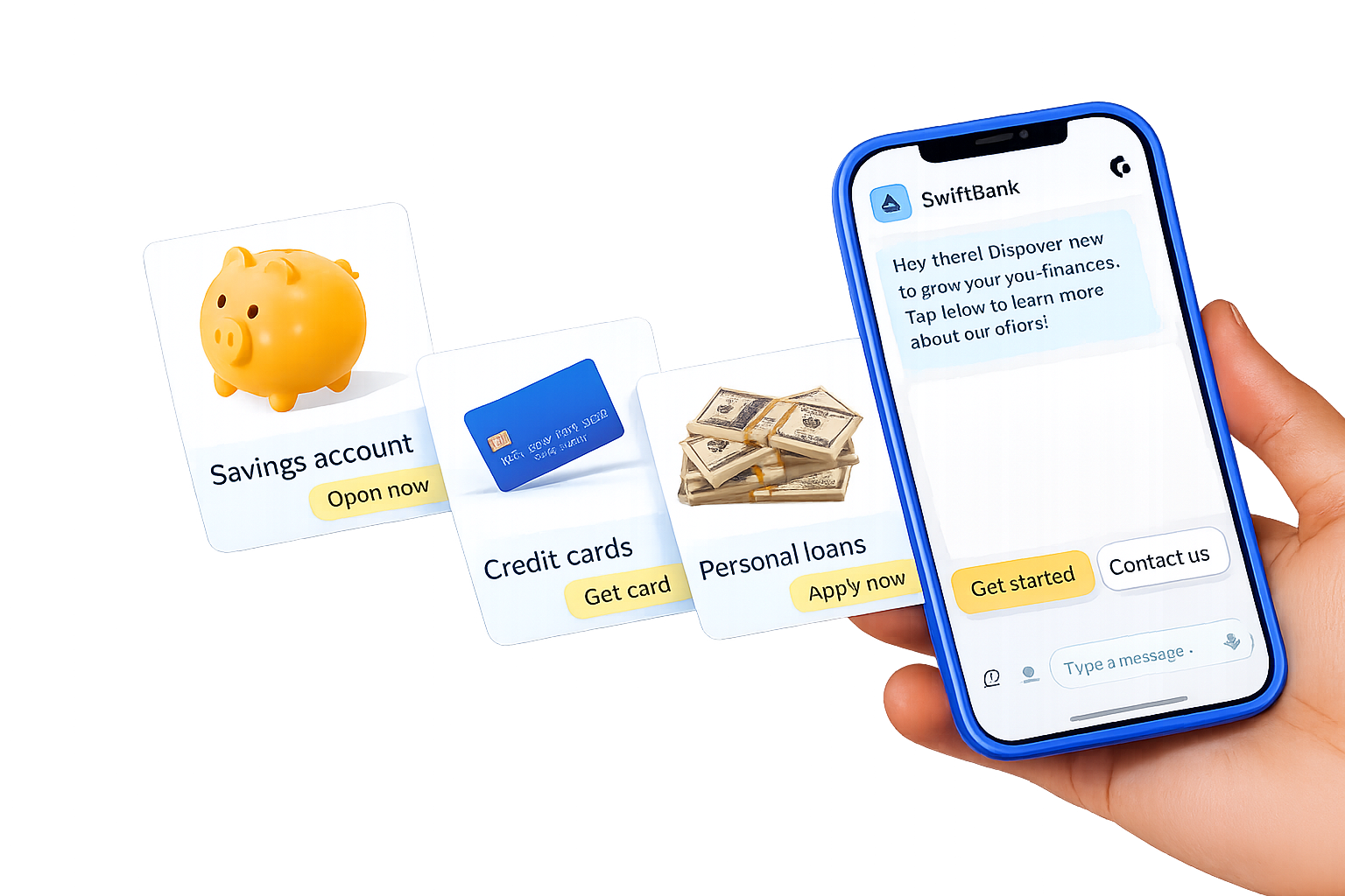 Rich message cards and a chatbot conversation on a mobile phone